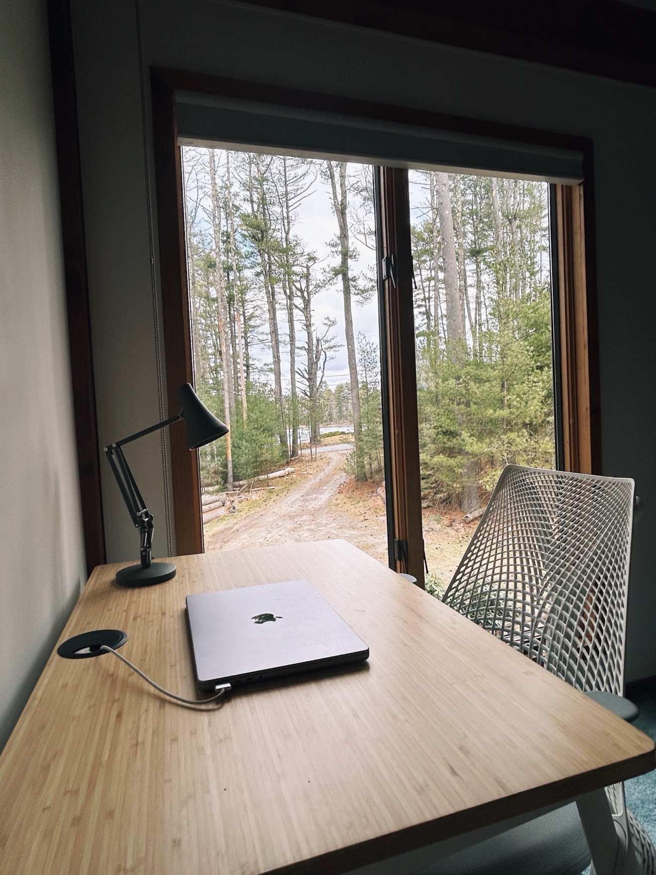 Bedroom one workspace with a desk and view into the woods